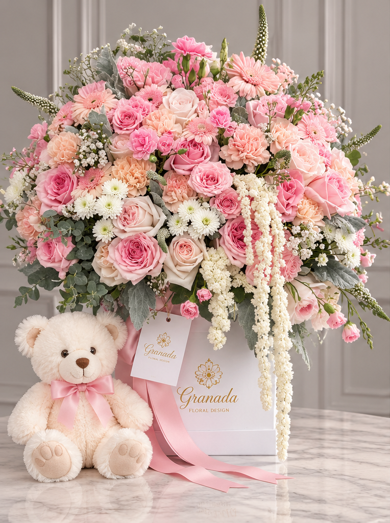 Pink baby welcome luxury floral box with teddy bear Granada San Diego