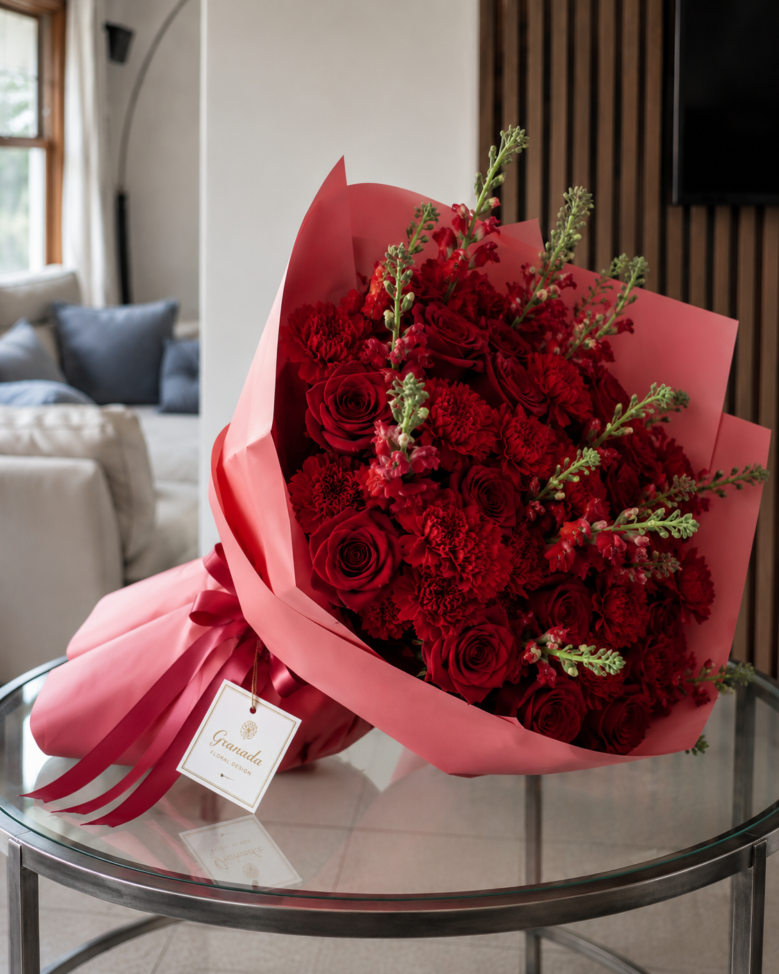 Red roses and mixed flowers bouquet in pink wrap – Granada Floral San Diego