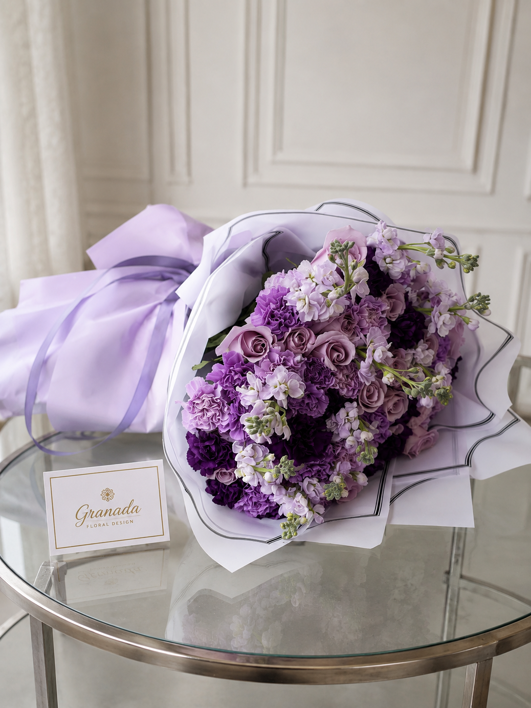 Purple lavender roses and stock bouquet in lilac wrap – Granada Floral San Diego