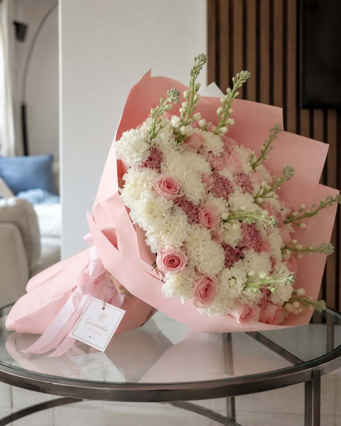 Pink roses and white chrysanthemums bouquet in pink wrap – Granada Floral San Diego