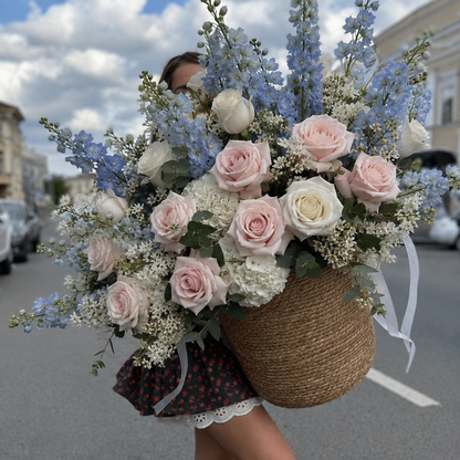 Paradise Medium Woven Basket San Diego | Delphiniums, Pampas & alelis– Granada Floral