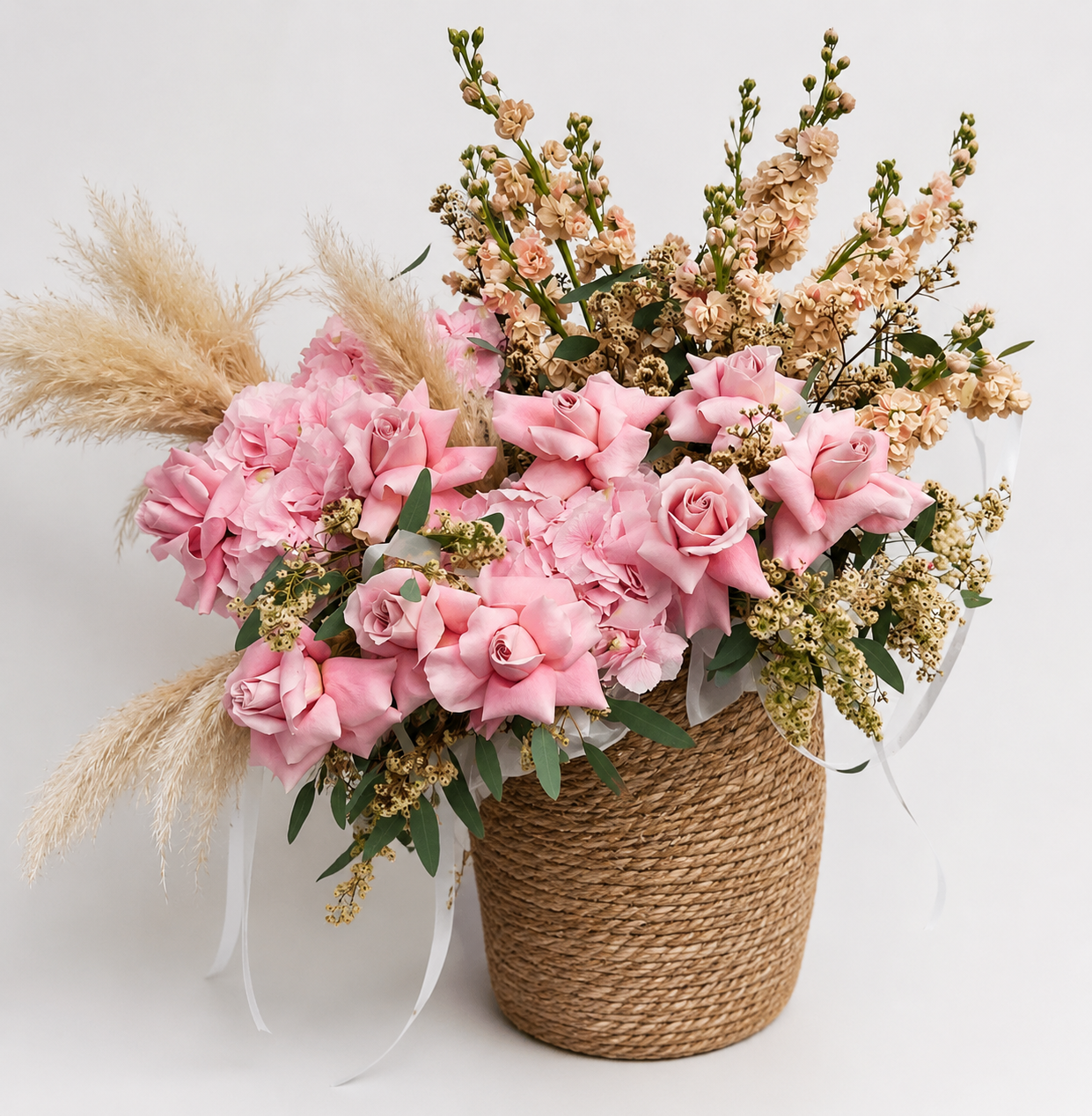 Paradise Medium Woven Basket San Diego | Delphiniums, Pampas & alelis– Granada Floral