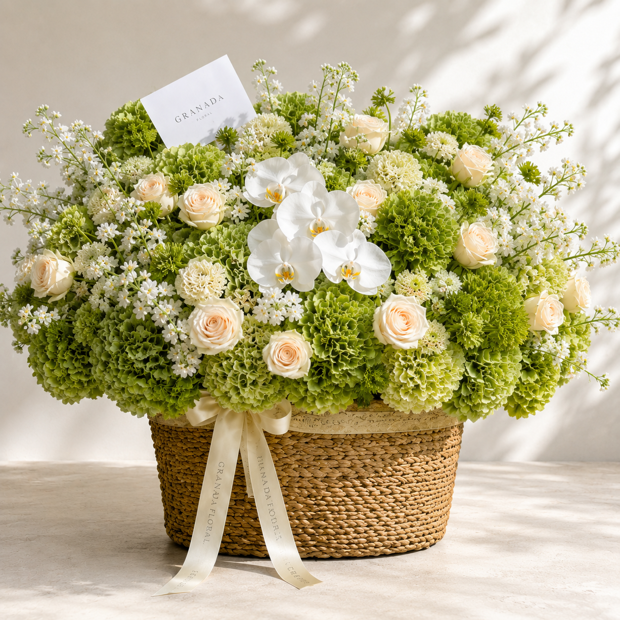 Garden Basket – Green Hydrangea, Rose & Orchid Arrangement