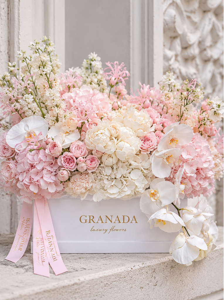 Blush Pink variant in Granada white rectangular luxury flower box