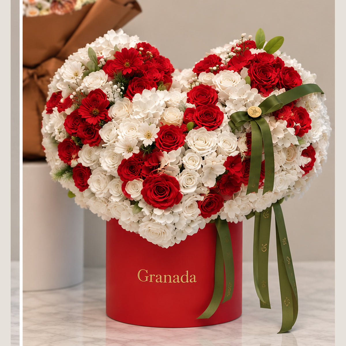 Red Granada luxury heart floral arrangement red and white roses San Diego flower delivery