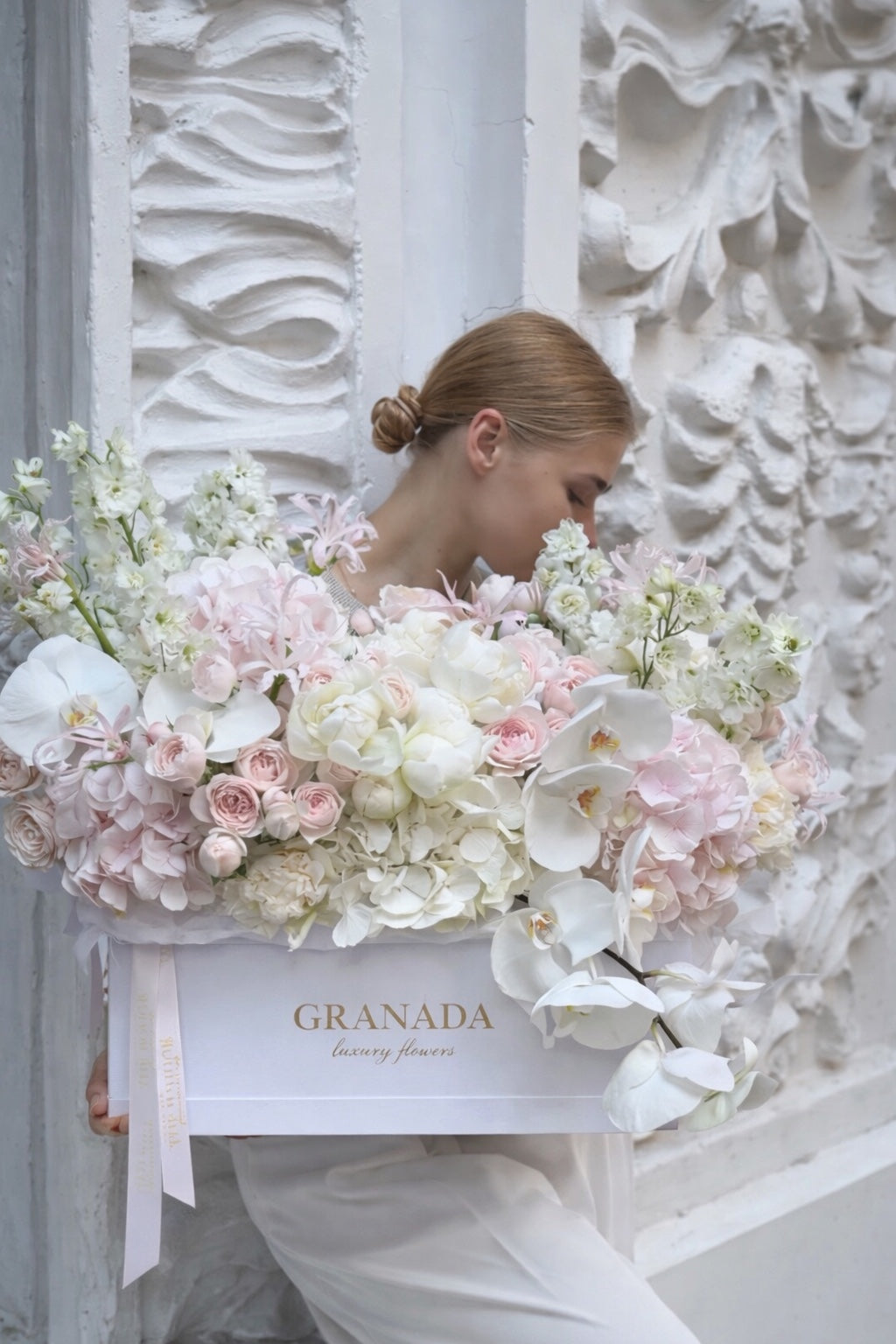 Luxury blush pink orchid hydrangea rose flower box by Granada Floral San Diego