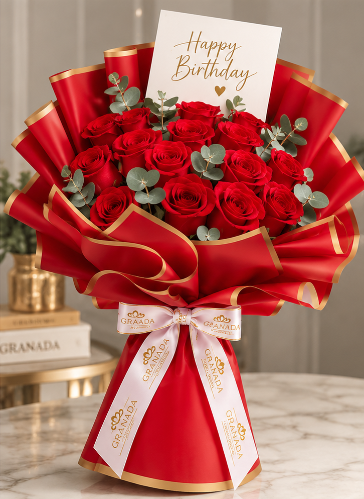 Luxury red birthday rose bouquet in red gold wrapping with Granada ribbon
