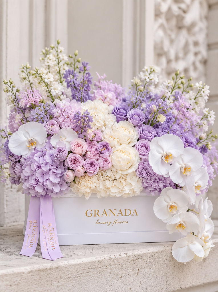 Soft Lavender variant in Granada white rectangular luxury flower box