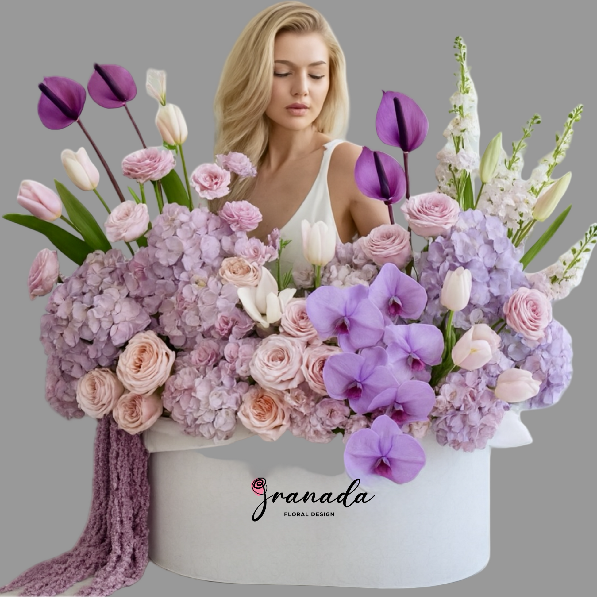 Lilac orchid & hydrangea signature bloom box — same-day flowers San Diego