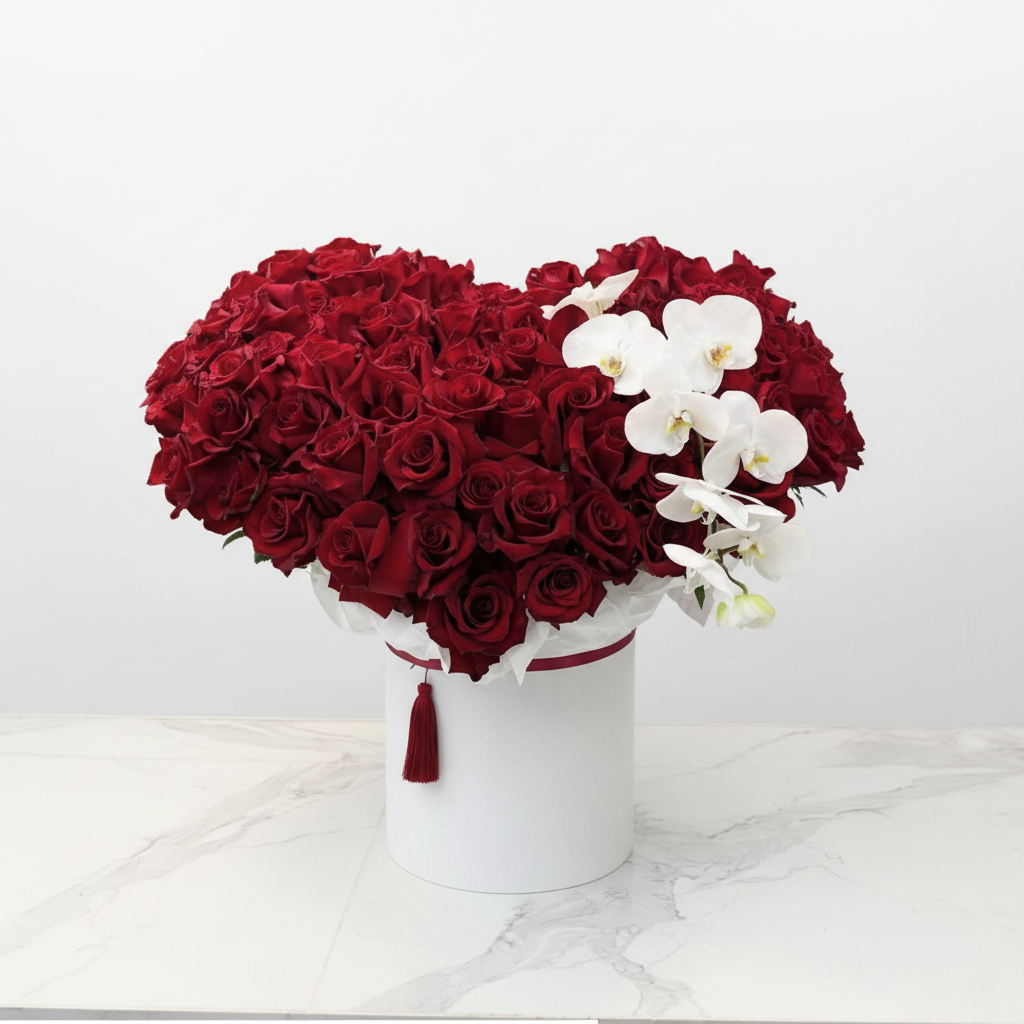 Luxury medium heart rose box with red roses and white orchids - Granada Floral Design San Diego