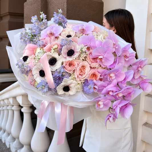 Pink Orchid & Seasonal Flower Bouquet – Elegant Fresh Arrangement