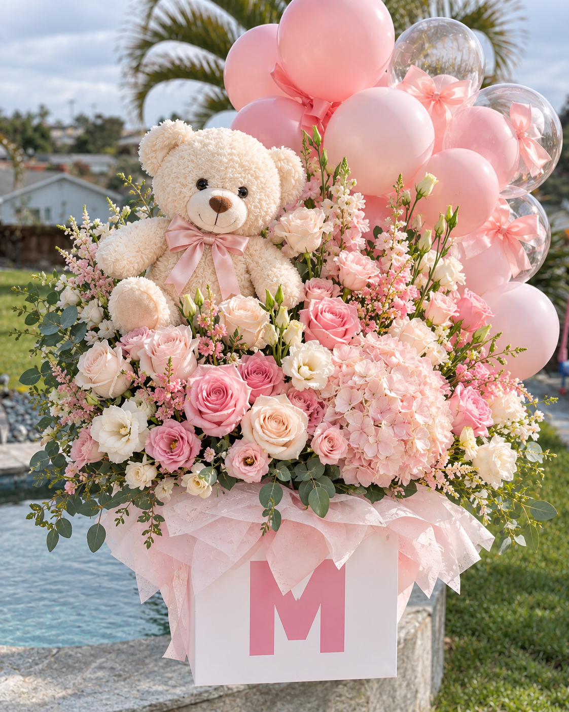 Baby Pink luxury welcome flower box with pastel roses, natural light pink hydrangea, teddy bear and balloons