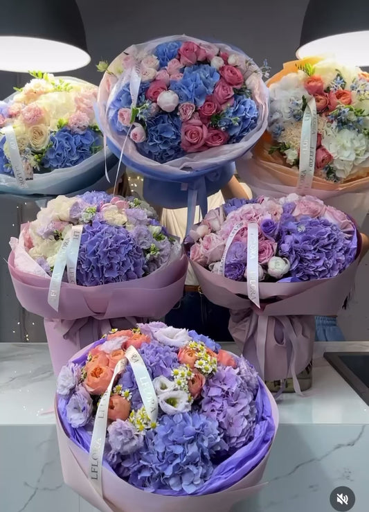 Elegant Russian-Style Flower Arrangement with Hydrangeas, Roses & Seasonal Blooms