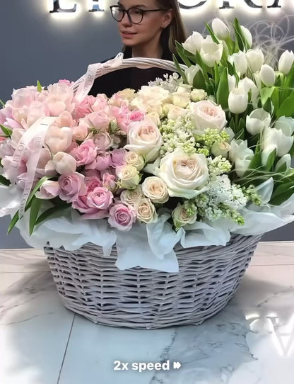 Luxury Pastel Pink Flower Basket – Soft Pink Tulips & Garden Roses | San Diego Florist