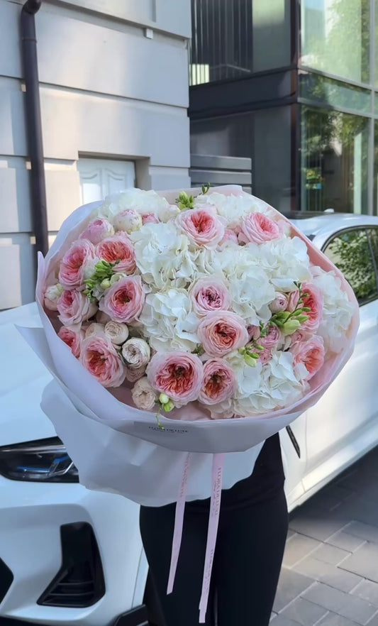 Elegant Russian-Style Flower Arrangement with Hydrangeas, Roses & Seasonal Blooms