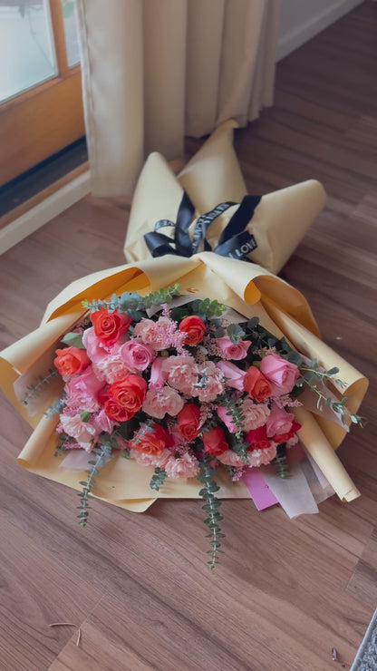 Mix carnations  & flowers greenery; hand -tied bouquet love 3 sizes
