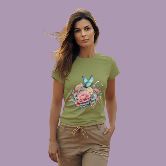 Flowers and Butterfly Short Sleeve T-Shirt | Durable and Long-Lasting Graphic Tees for Women
