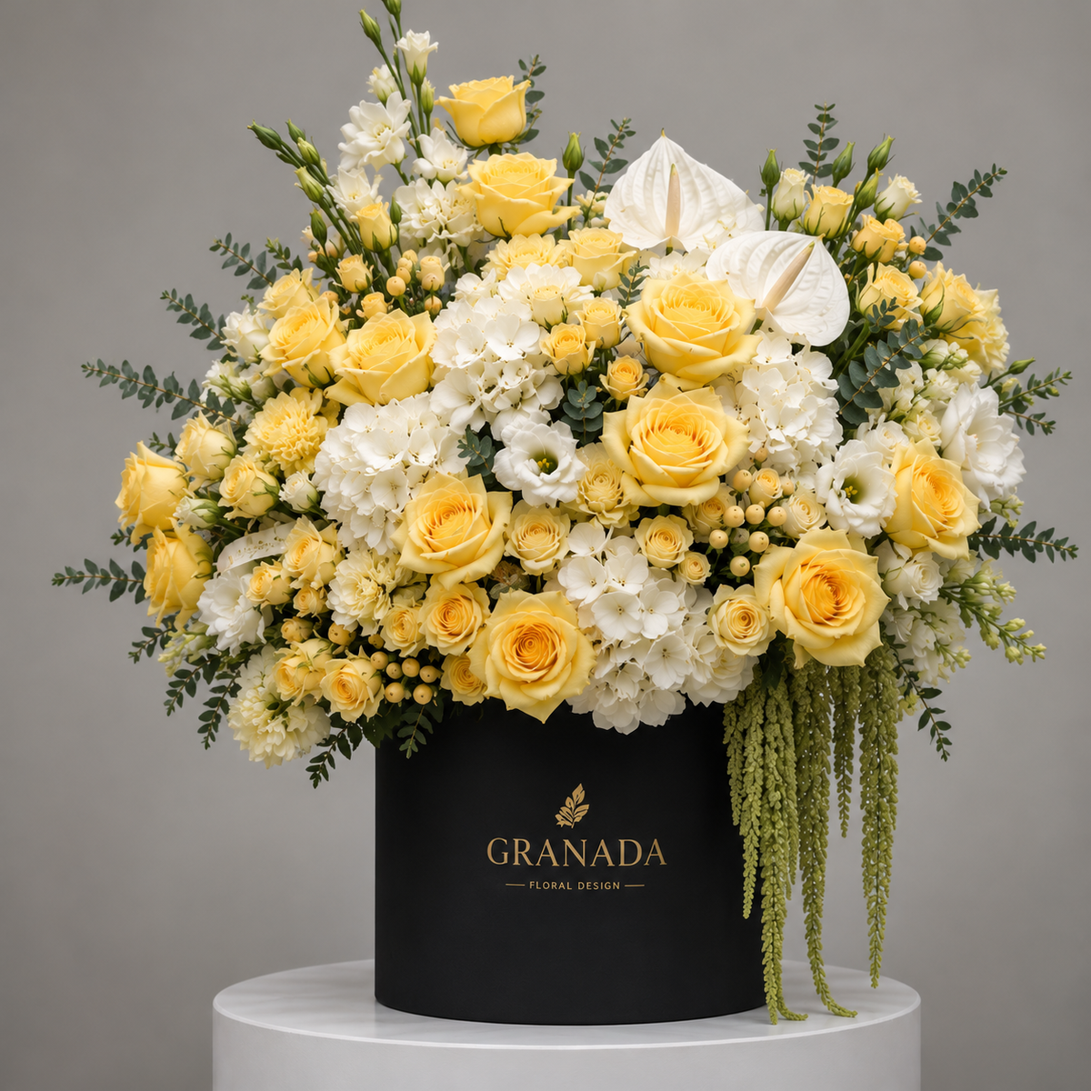 Black flower box with yellow roses San Diego